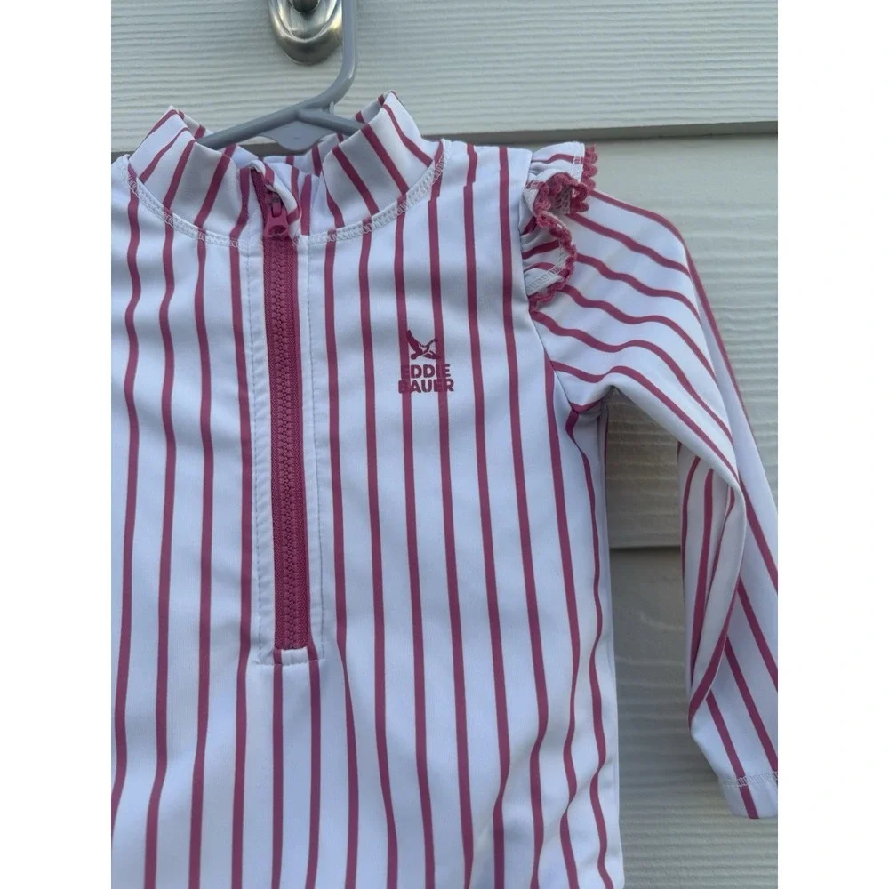 Eddie Bauer Toddler Girls Pink & White Stripped Ruffle Swimsuit Size‎ 12 Months